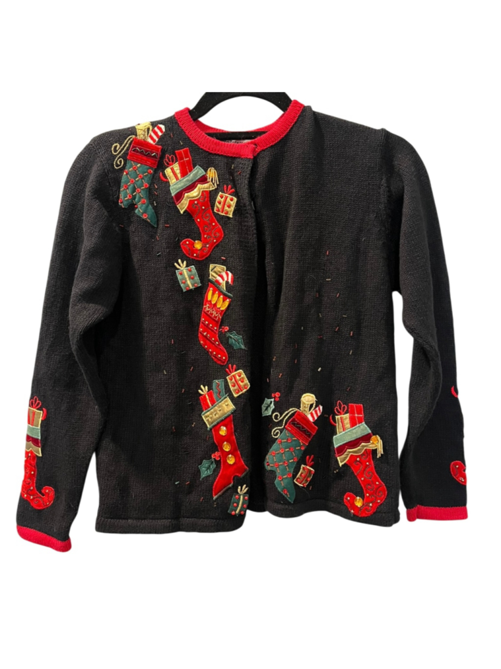 Vintage Tiara International Christmas Stocking Cardigan Sweater Black XS Petite